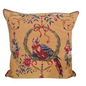 Vintage French Woven Tapestry Pillow 18" Down Insert Parrot‎ Goblys